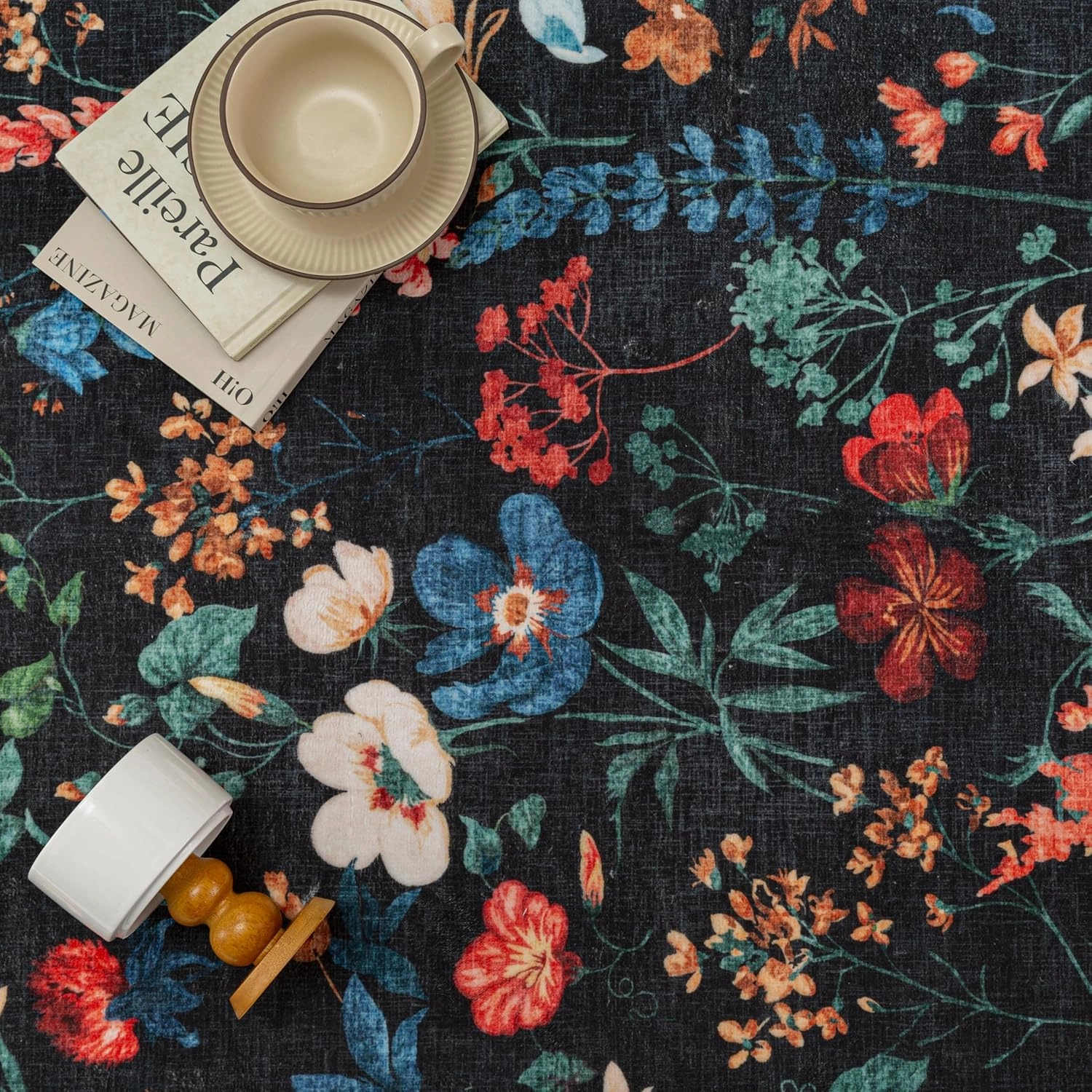 Black Area Rug 6x9 Floral Washable Living Room Kitchen Boho Carpet Non Slip Low Pile Indoor Accent Lightweight Soft Throw Rug for Bedroom Office Dining Room Nursery Farmhouse