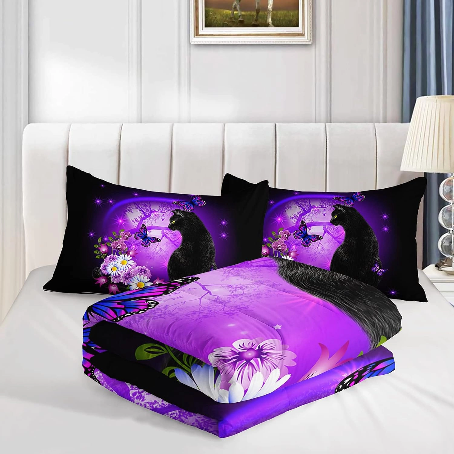Black Cat Bedding Cartoon Cat Comforter Set Twin,Daisy Butterflies Printed Kids Bedding Set for Kids Boys Girls Adults Room Decor,Kids Comforter Set All Season,1 Quilt 2 Pillow Cases