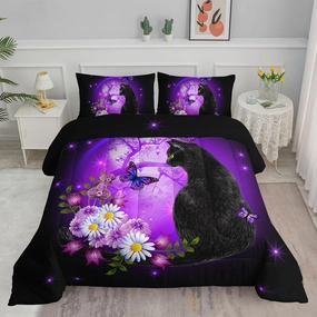 Black Cat Bedding Cartoon Cat Comforter Set Twin,Daisy Butterflies Printed Kids Bedding Set for Kids Boys Girls Adults Room Decor,Kids Comforter Set All Season,1 Quilt 2 Pillow Cases