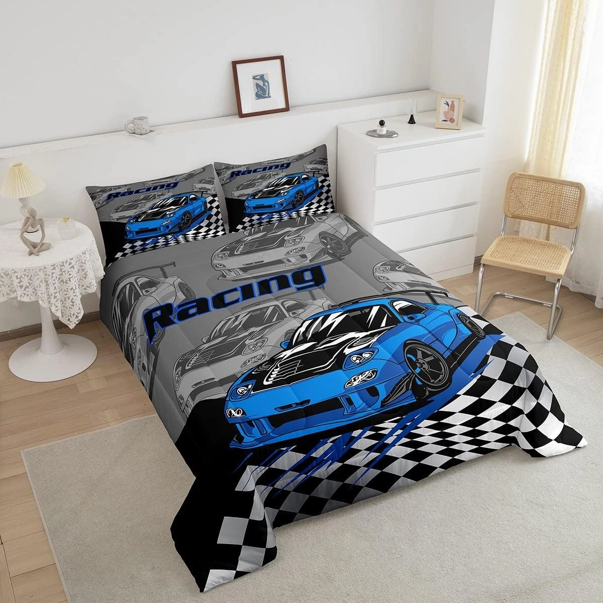 Blue Race Cars Kids Comforter Set Twin Size,Racing Flag Black White Checkered Bedding Set,Boys Girls Adults Room Decor,Extreme Sports Games Down Comforter,Noble Fashion Duvet Insert,1 Pillowcase