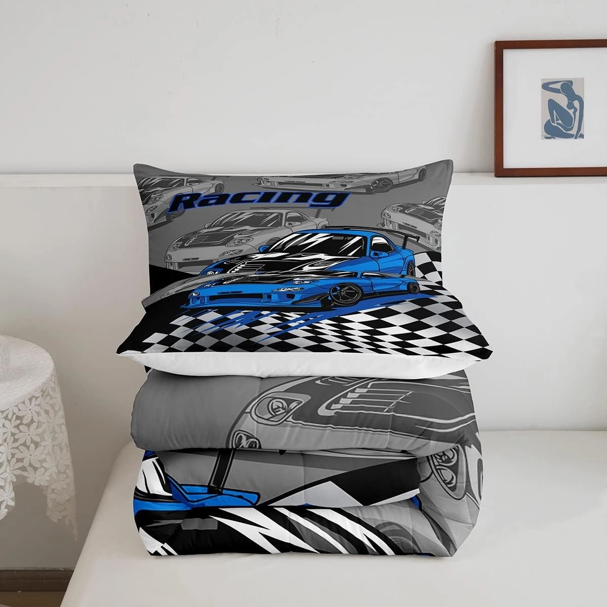 Blue Race Cars Kids Comforter Set Twin Size,Racing Flag Black White Checkered Bedding Set,Boys Girls Adults Room Decor,Extreme Sports Games Down Comforter,Noble Fashion Duvet Insert,1 Pillowcase