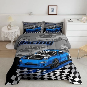 Blue Race Cars Kids Comforter Set Twin Size,Racing Flag Black White Checkered Bedding Set,Boys Girls Adults Room Decor,Extreme Sports Games Down Comforter,Noble Fashion Duvet Insert,1 Pillowcase