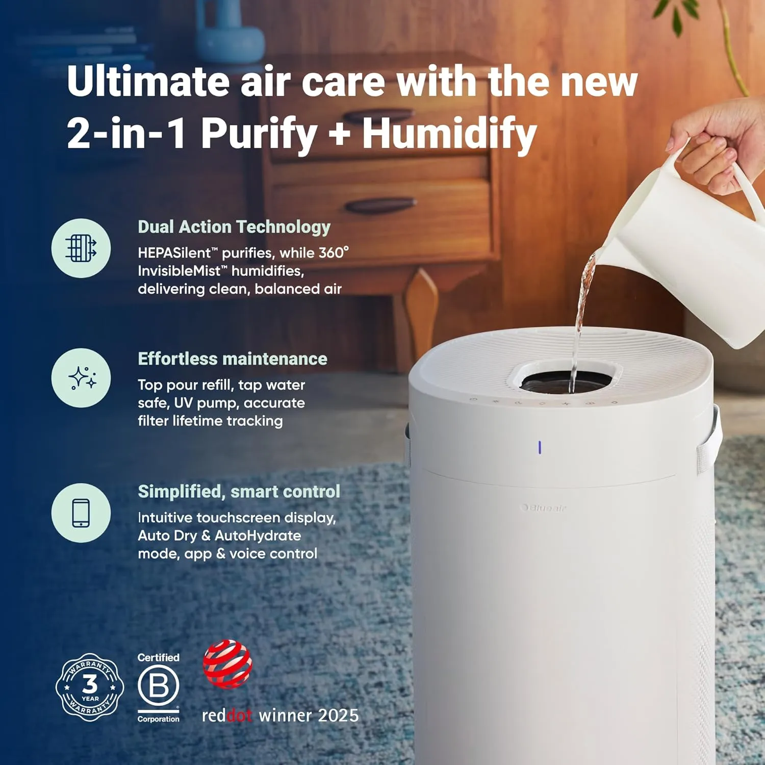BLUEAIR 2-in-1 Purify   Humidify: Air Purifier and Humidifier with HEPASilent™ and 360° InvisibleMist™ Technology, Top Pour - covers 1,726 sqft in 60 minutes - Perfectly balanced air, one product