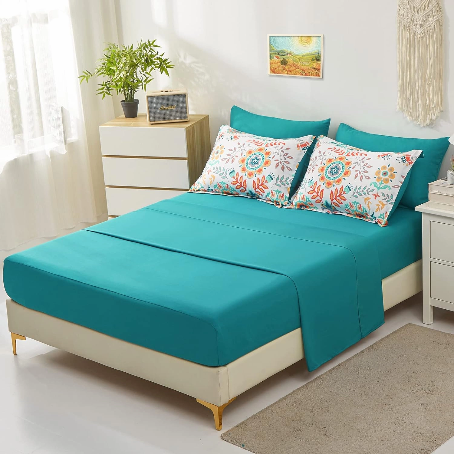 Boho Comforter Set Queen - 7 Pieces Bed in a Bag Floral Medallions Design, Bohemian Comforter Set with Sheets, Soft Microfiber Complete Bedding Sets All Season (Teal Blue, Queen)