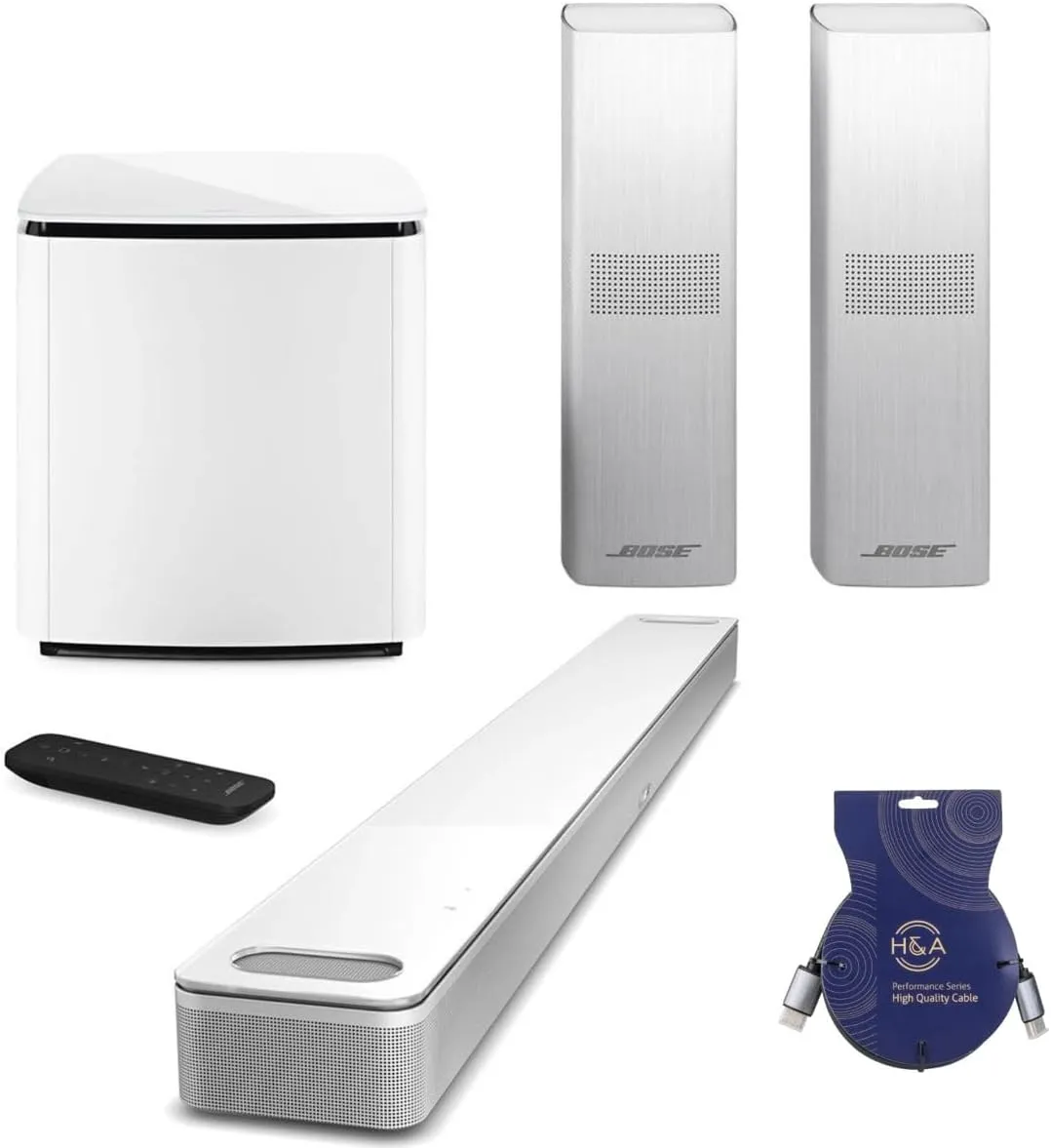 Bose Smart Ultra Dolby Atmos Soundbar, White, Bundle with Bass Module 700 and 2X Surround Speakers 700 and H&A HDMI Cable