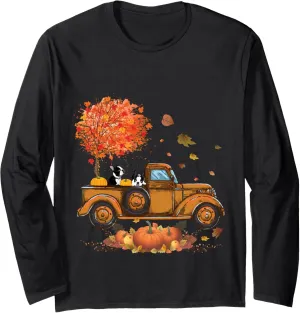 Boston Terrier Pumpkins Truck Autumn Leaf Fall thanksgiving Long Sleeve T-Shirt