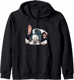 Boston Terrier Cartoon Style Drawing Zip Hoodie