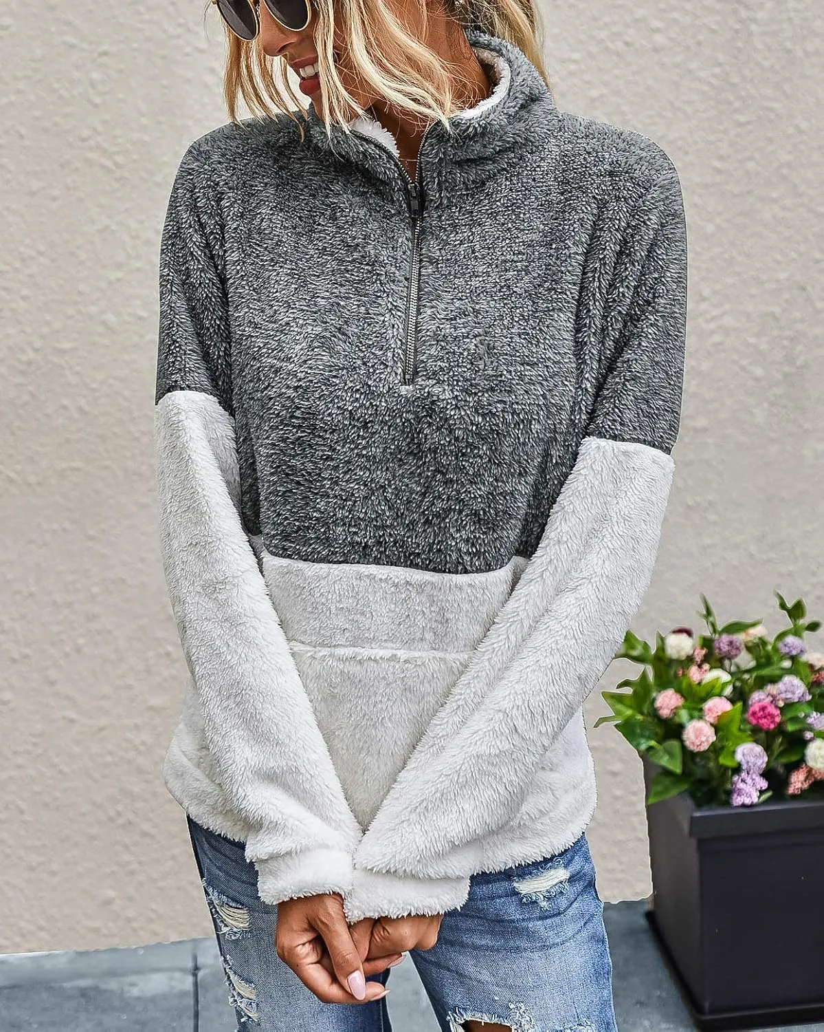 BTFBM Women Sherpa Pullover Quarter Zip Long Sleeve Fluffy Soft Fleece Jackets Sweaters Sweatshirts Hoodies Outwear Coat
