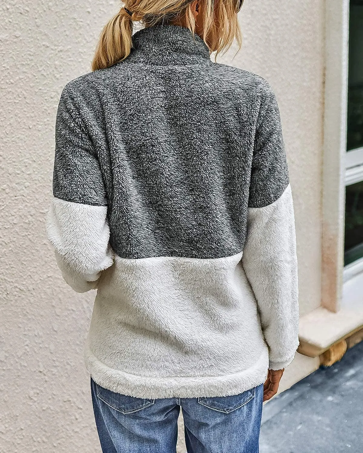BTFBM Women Sherpa Pullover Quarter Zip Long Sleeve Fluffy Soft Fleece Jackets Sweaters Sweatshirts Hoodies Outwear Coat