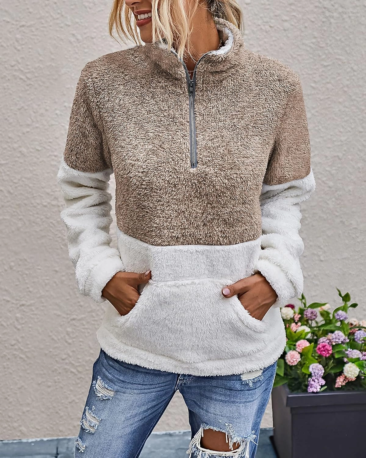 BTFBM Women Sherpa Pullover Quarter Zip Long Sleeve Fluffy Soft Fleece Jackets Sweaters Sweatshirts Hoodies Outwear Coat