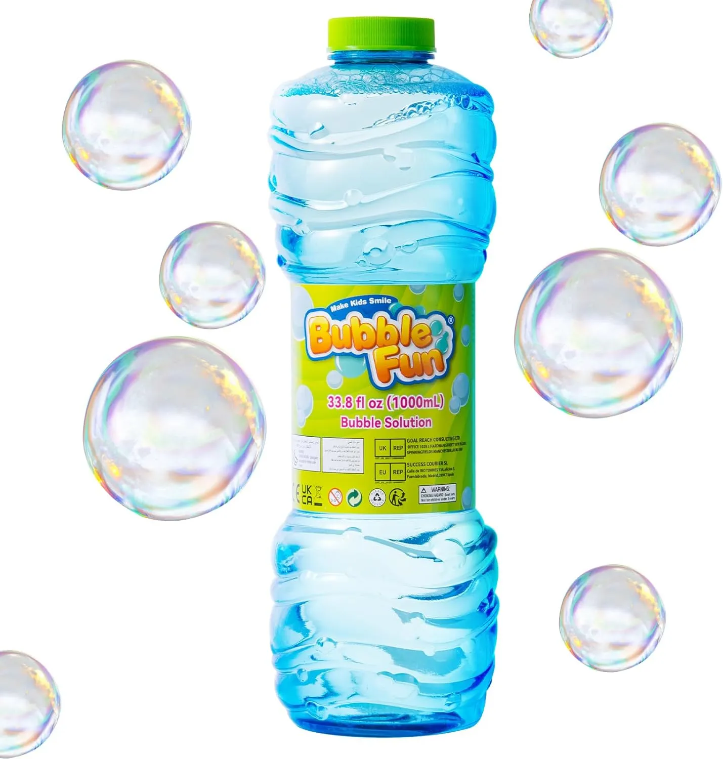 Bubble Fun 33.8fl oz(1000mL) Bubble Solution, Easy-Grip Bottle for Kids, No Mixing Needed, Colorful Bubbles for Bubble Guns, Wands & Machines Parties & Play
