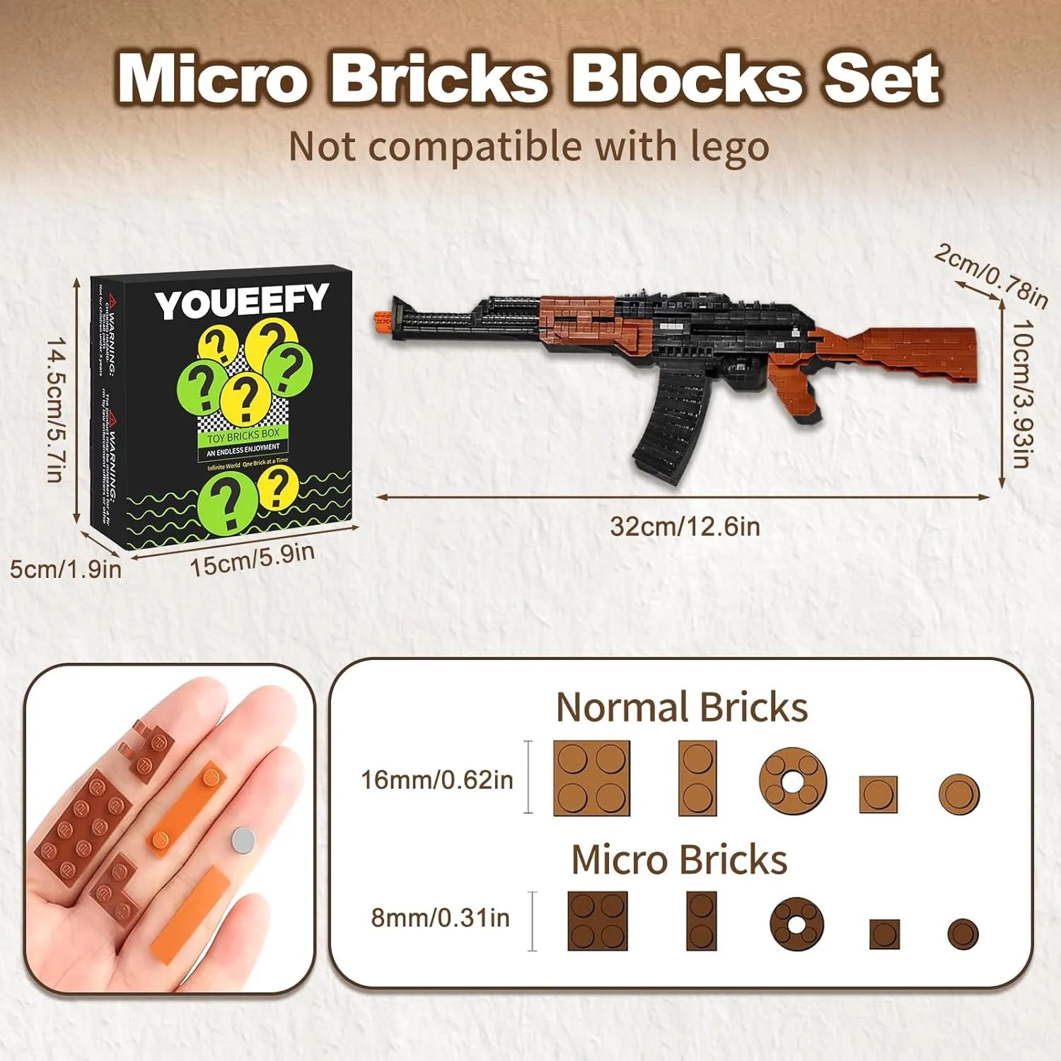 Building Blocks Gun Set 630 PCS Micro Bricks,1:3 AK-47 Model Gun, DIY Assembling Guns Building Toys for Age 14 ,Splicing Brick Gun Model Kit