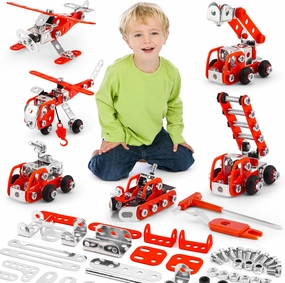 Building Fire Truck Set For Boys Age 8-12，Stem Assembly Metal 3-d Puzzle Fire Engine Model Car Building Kit Construction Toys，Parent-Child Interaction Gifts Erector Sets For Kids 8-16 Red（303pcs）