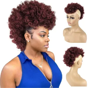Burgundy Afro Mohawk Hairpieces with clips on Jerry Curly Afro Puff Non Drawstring Ponytail for Black Women Synthetic Wine Red Hair Fauxhawks Short Afro Kinky Curly Hair Extensions