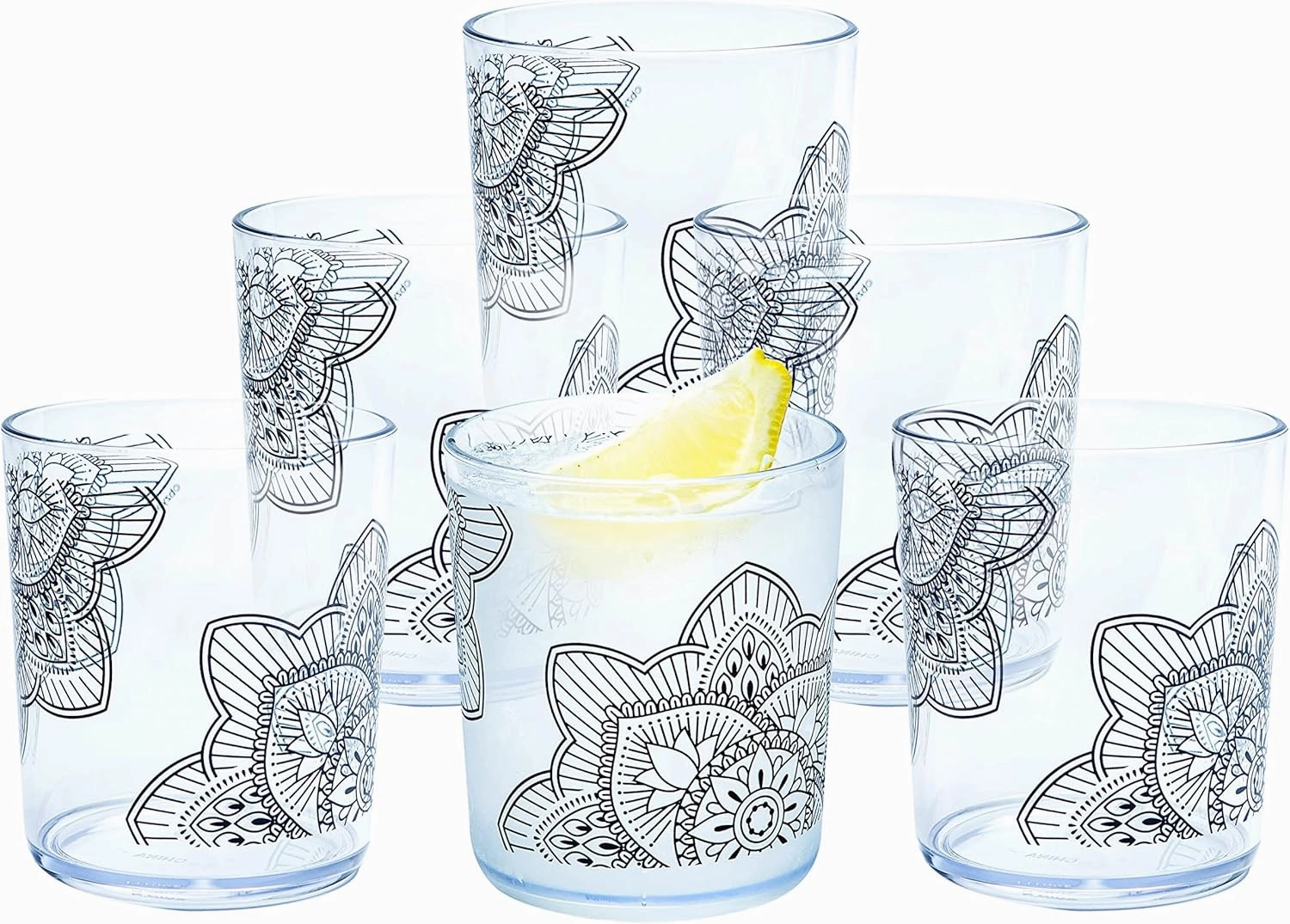 bzyoo BPA-Free Designed Dishwasher Safe 14 oz Plastic Tumbler Set which is Durable and Stackable Great For Parties, Anniversaries (6 PCS, Mandala Black)