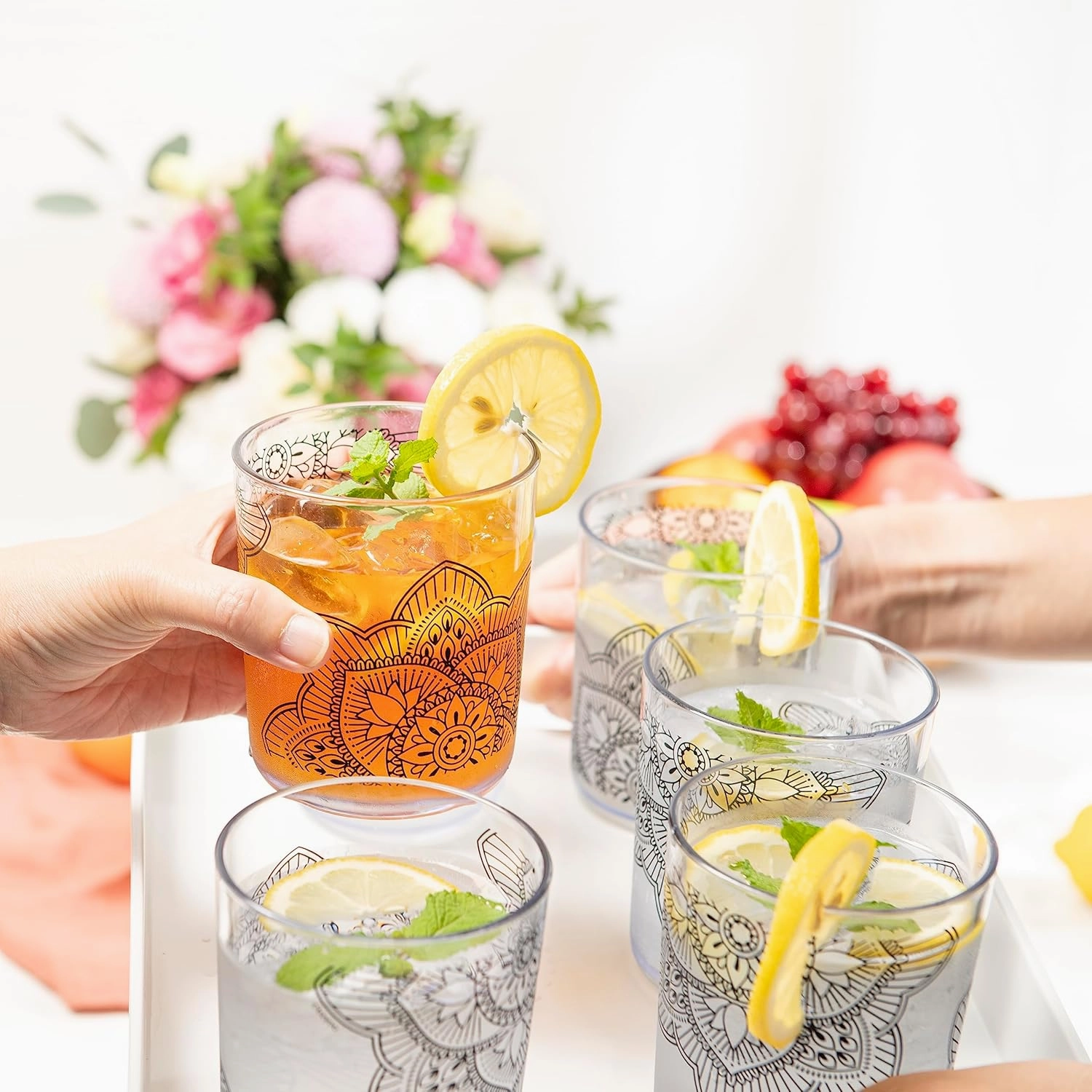 bzyoo BPA-Free Designed Dishwasher Safe 14 oz Plastic Tumbler Set which is Durable and Stackable Great For Parties, Anniversaries (6 PCS, Mandala Black)