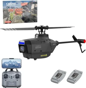 C127AI RC Helicopter with 1080P Camera, 2.4G 4CH Single-Rotor Brushless Scout Drone Model, 6-Axis Gyro Aircraft Model with Optical Flow Positioning (RTF Version/2 Battery)