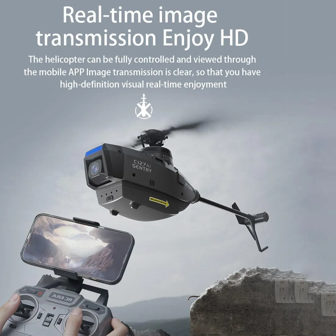 C127AI RC Helicopter with 1080P Camera, 2.4G 4CH Single-Rotor Brushless Scout Drone Model, 6-Axis Gyro Aircraft Model with Optical Flow Positioning (RTF Version/3 Battery)