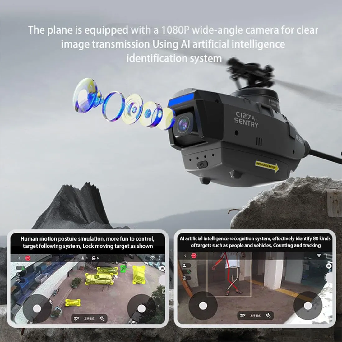 C127AI RC Helicopter with 1080P Camera, 2.4G 4CH Single-Rotor Brushless Scout Drone Model, 6-Axis Gyro Aircraft Model with Optical Flow Positioning (RTF Version/3 Battery)