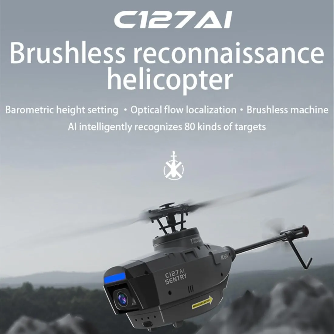 C127AI RC Helicopter with 1080P Camera, 2.4G 4CH Single-Rotor Brushless Scout Drone Model, 6-Axis Gyro Aircraft Model with Optical Flow Positioning (RTF Version/3 Battery)