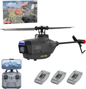C127AI RC Helicopter with 1080P Camera, 2.4G 4CH Single-Rotor Brushless Scout Drone Model, 6-Axis Gyro Aircraft Model with Optical Flow Positioning (RTF Version/3 Battery)