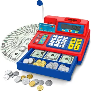 Calculator Cash Register - 73 Pcs Toy Cash Register, Microphone, Credit Card and Banking for Kids, Early Math Skills Toys Gifts for 3, 4, 5, 6 7 8  Years Old Boys Girls