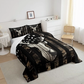 Camo American Flag Twin Comforter Set Boys,Deer Antlers Grey Camouflage Quilt Set Flags for Room Teens,Wild Animal Hunting Rustic Farm Branches Leaves Plant Stars Stripes USA Flag Bedding Set