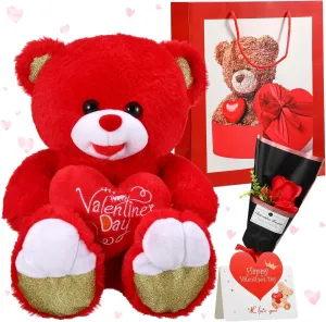 Capoda 4 Pcs Birthday Gifts for Mom 12 Inch Heart Bear Plush Artificial Carnation Rose Bag and Greeting Card for Mother's Day Birthday Basket Set(Valentine)
