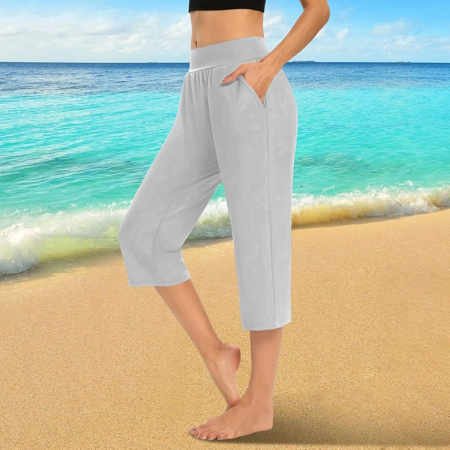 Capri Pants for Women Cotton Elastic High Waisted Stretch Lightweight Tummy Control Leggings Yoga Workout Gym Outfits
