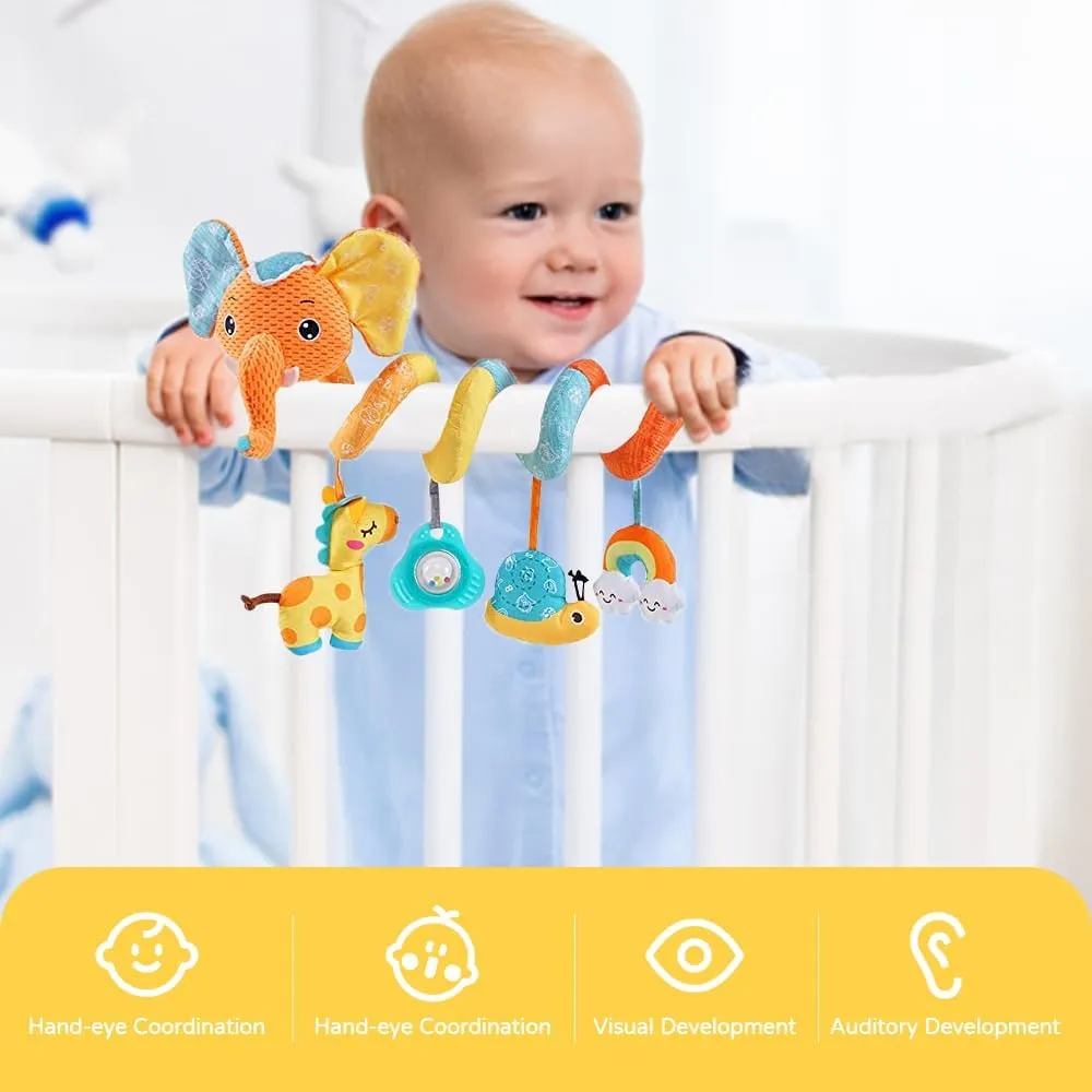 Car seat Hanging Toys, Baby Spiral Activity Plush Stroller Toys Baby Rattle Sensory Toys for Crib Mobile Bassinet with Music Box BB Squeaker Rattles, Infant Toys for 0 6 12 Months Gifts
