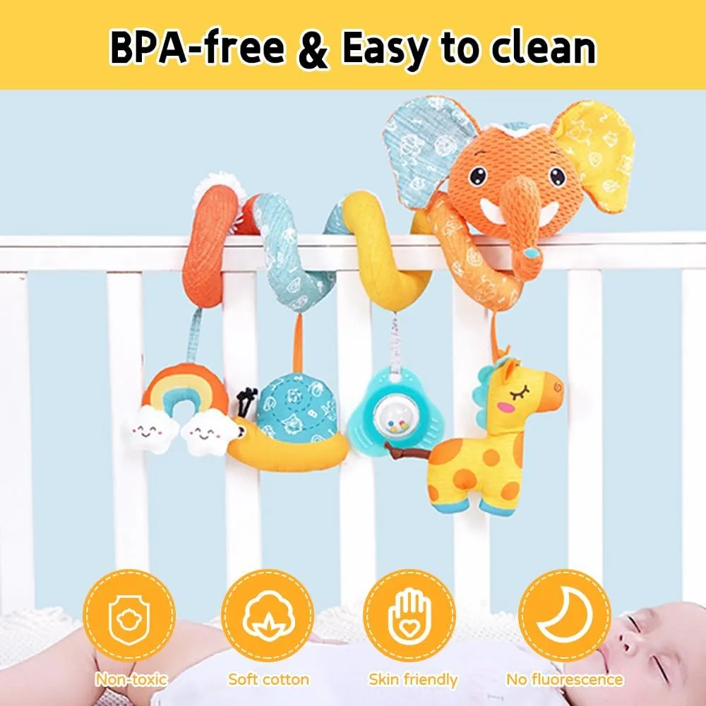 Car seat Hanging Toys, Baby Spiral Activity Plush Stroller Toys Baby Rattle Sensory Toys for Crib Mobile Bassinet with Music Box BB Squeaker Rattles, Infant Toys for 0 6 12 Months Gifts