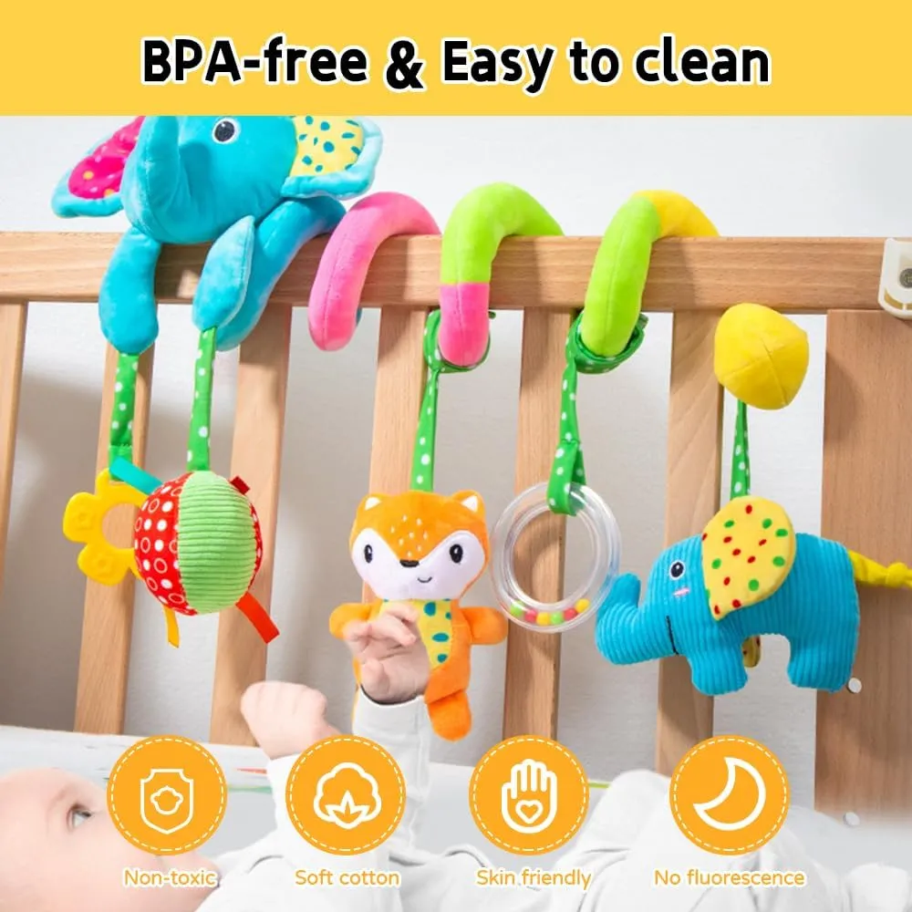 Car Seat Toys, Infant Spiral Plush Hanging Toys for Car Seat Stroller Crib Bassinet Mobile with BB Squeaker Rattles, Baby Toy for 0 3 6 12 Months