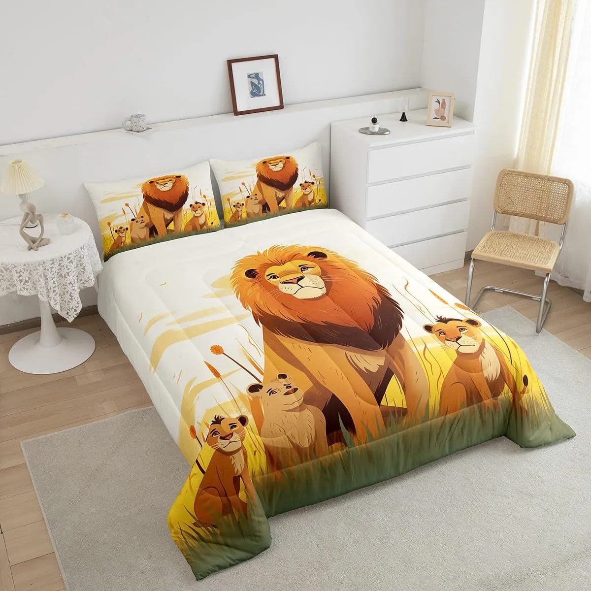 Cartoon Lion Kids Comforter Set Twin Size,Cute Animal Bedding Set for Girls Boys Room Decor,Prairie Scenery African Wildlife Nature Quilt Set 2Pcs,Kawaii Lions Microfiber Duvet Insert,1 Pillowcase
