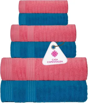 CASA COPENHAGEN Elegance Collection Towels 550 GSM 2 Bath Towel 2 Hand Towel 2 Washcloths, Super Soft Egyptian Cotton 6 Towels Set for Bathroom, Kitchen & Shower - Teal   Pink