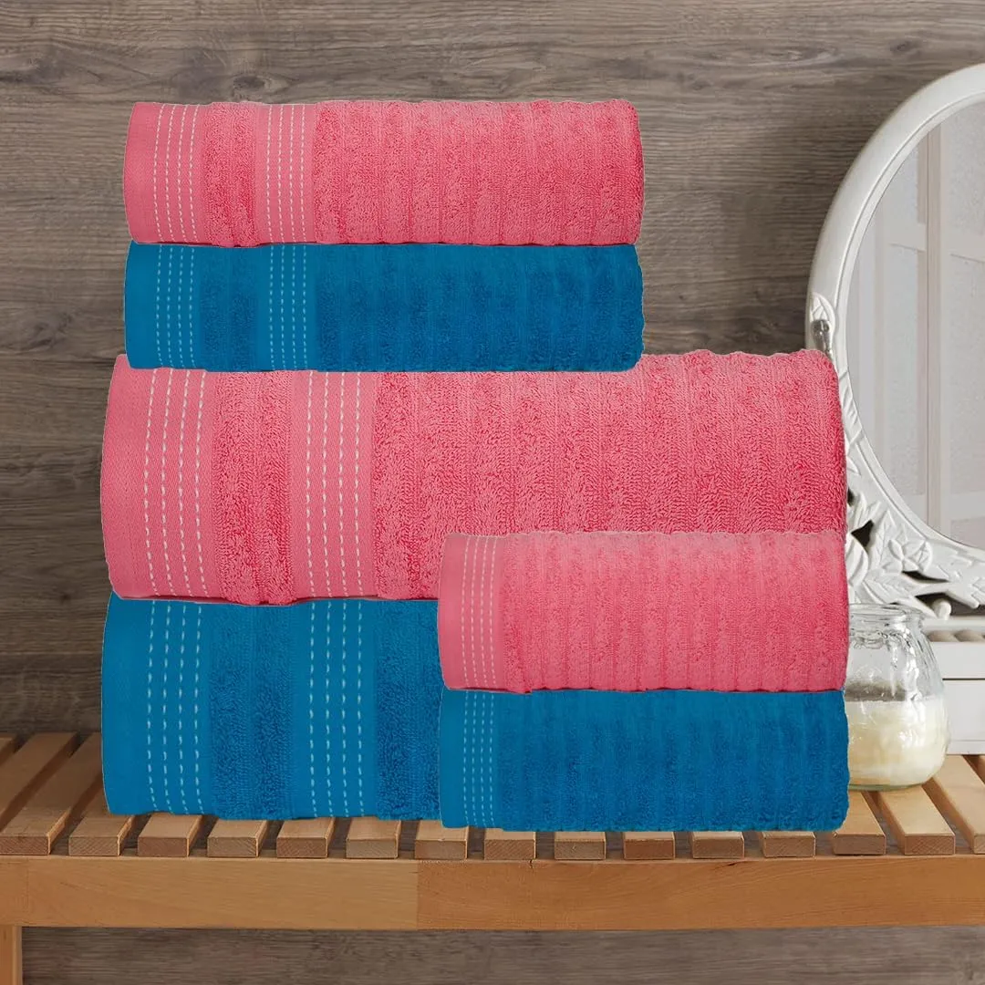 CASA COPENHAGEN Elegance Collection Towels 550 GSM 2 Bath Towel 2 Hand Towel 2 Washcloths, Super Soft Egyptian Cotton 6 Towels Set for Bathroom, Kitchen & Shower - Teal   Pink