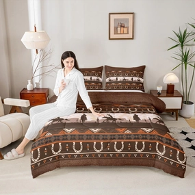 Castle Fairy Brown Bohemian Exotic Bed Comforter Set Queen Size,Vintage Farmhouse Wooden Super Soft Microfiber Bedding Set for Adults Teens,Western Cowboy Horseshoe Comforter Set,2 Pillowcases
