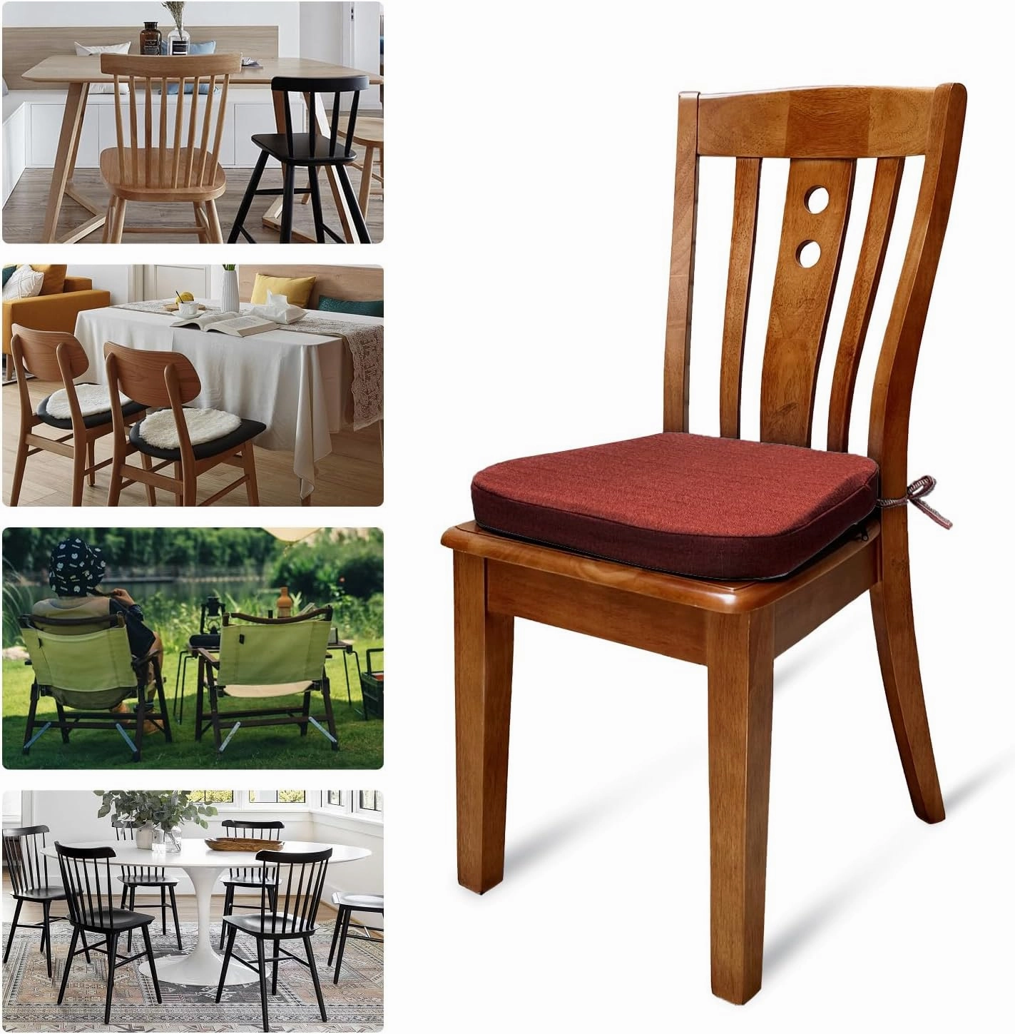 Chair Cushion with Ties for Dining Chairs Memory Foam Thick Kitchen Chair Pad 17" x 16.5" x 2"Set of 4,with Machine Washable Cover Seat with Zipper Indoor Chair for Room,Office etc-Wine Red