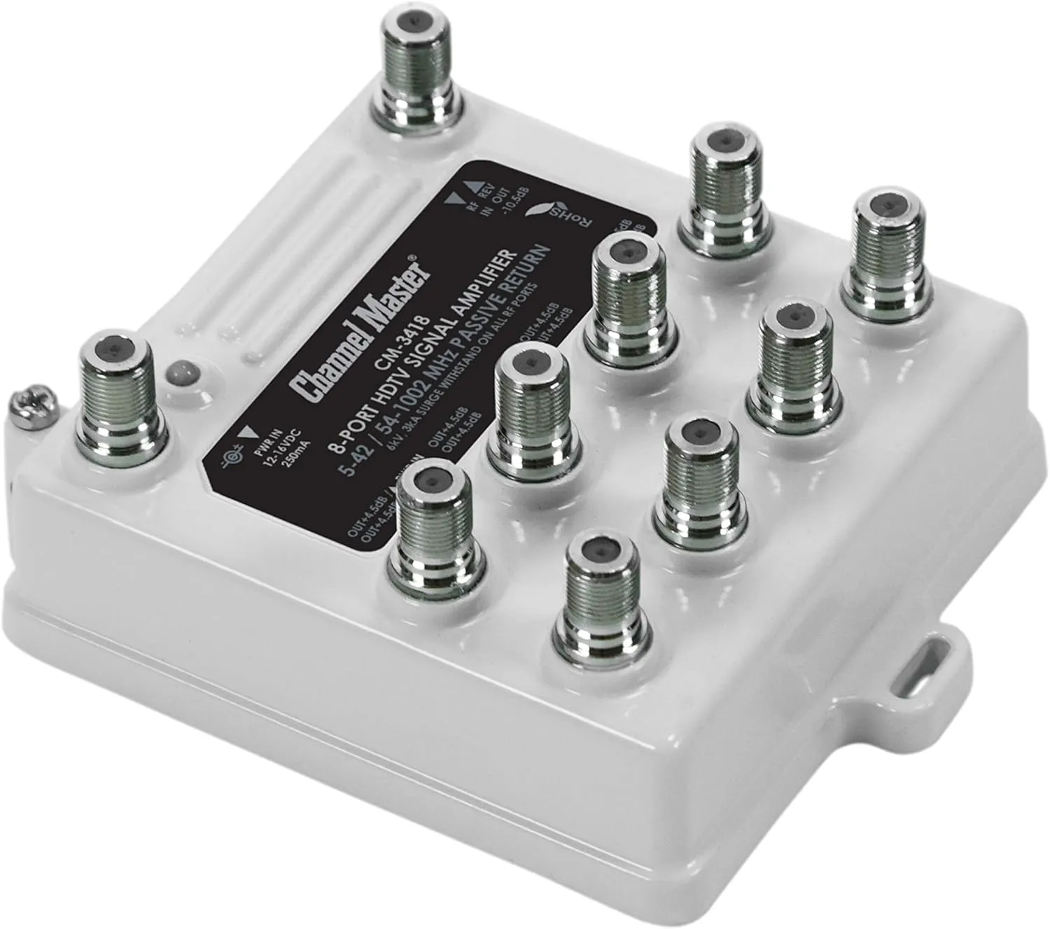 Channel Master Ultra Mini 8 - 8-Port TV Antenna Distribution Amplifier, 4.5dB gain, Compatible with Non-Amplified TV Antennas, Cable TV and Internet Modems, Increases Signal Strength, Indoor/Outdoor