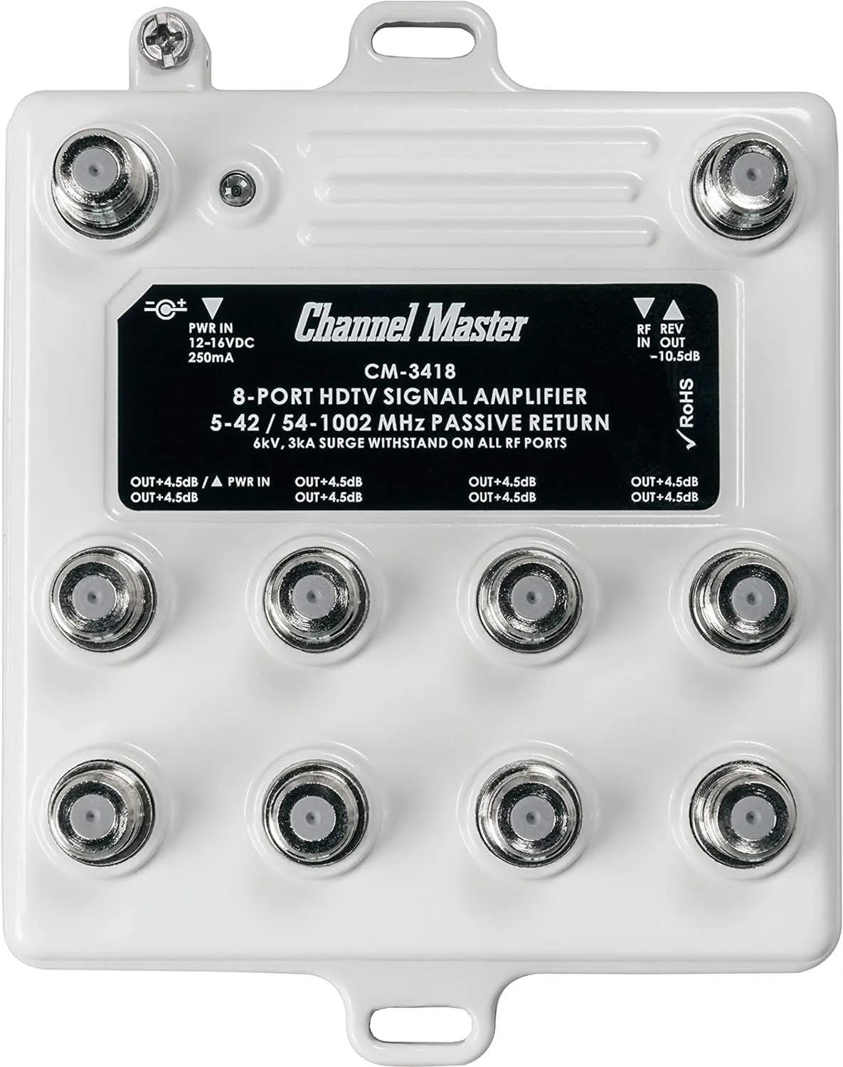 Channel Master Ultra Mini 8 - 8-Port TV Antenna Distribution Amplifier, 4.5dB gain, Compatible with Non-Amplified TV Antennas, Cable TV and Internet Modems, Increases Signal Strength, Indoor/Outdoor