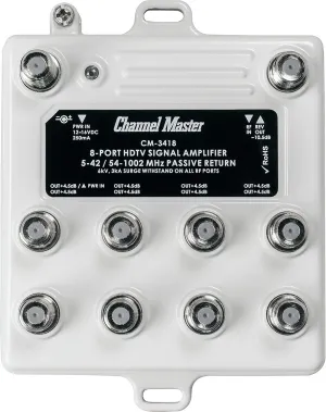 Channel Master Ultra Mini 8 - 8-Port TV Antenna Distribution Amplifier, 4.5dB gain, Compatible with Non-Amplified TV Antennas, Cable TV and Internet Modems, Increases Signal Strength, Indoor/Outdoor