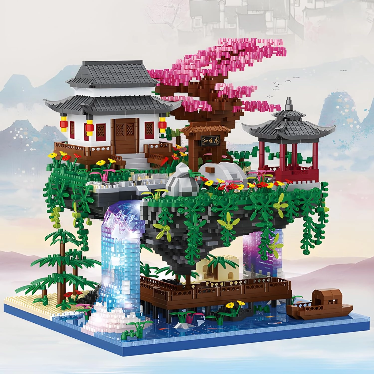 Cherry Blossom Treehouse Micro Mini Building Block Sets Japanese Bonsai Tree House Peach Blossom Pool Architecture Building Model Toy Gift for Adults 3880 Pieces