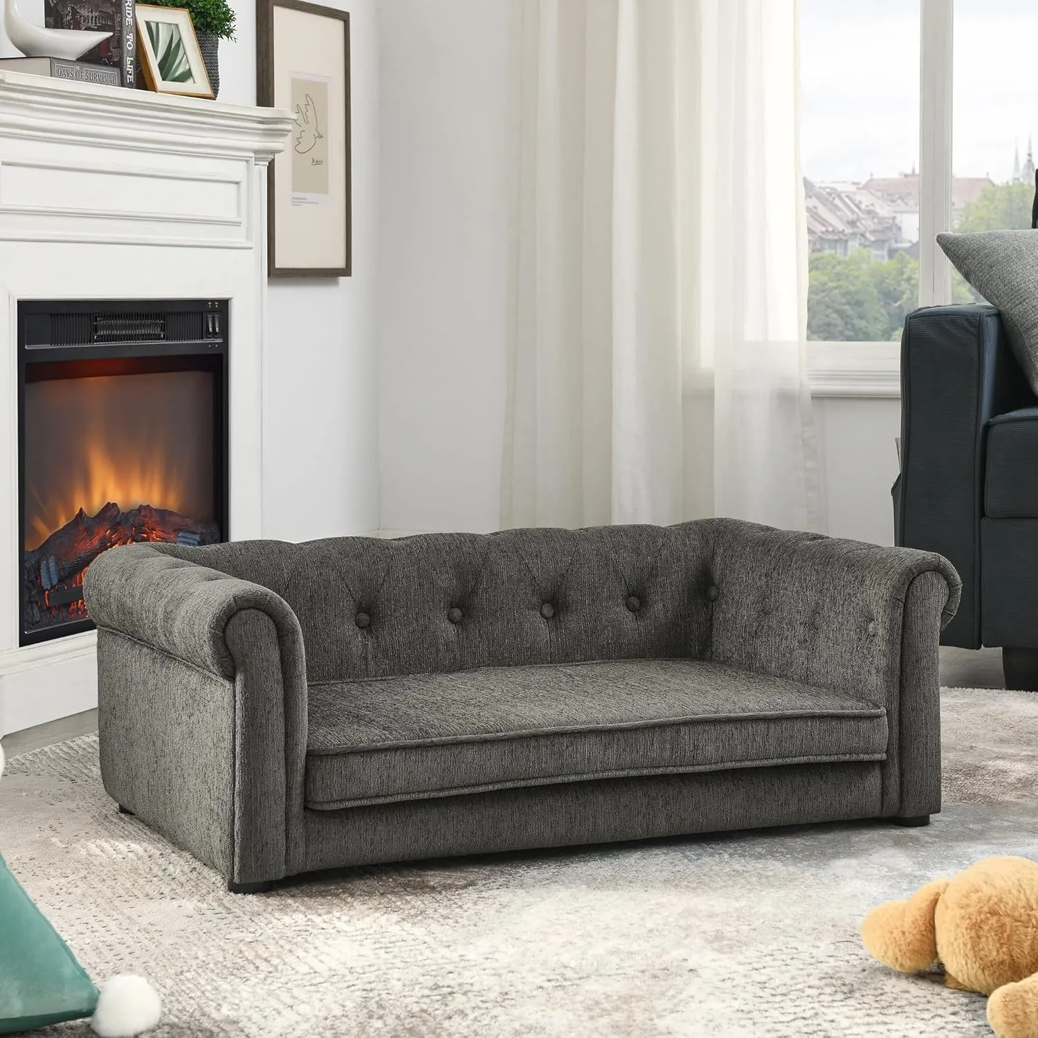 Chesterfield Dog Sofa Bed, 38.9x23.2x13.7 inches, Tufted Linen Couch with Rolled Arms, Grey, Supports 250 lbs (Dark Grey, Chesterfields)