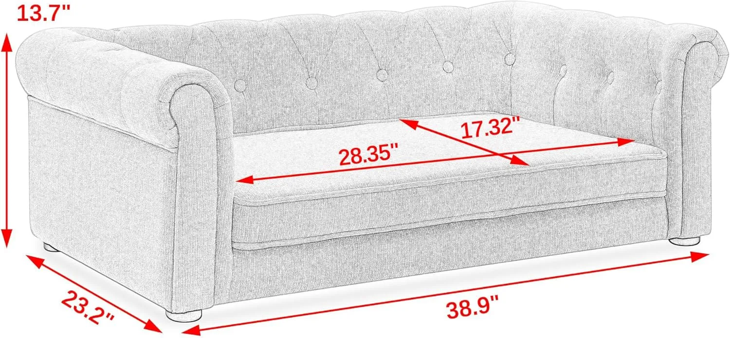 Chesterfield Dog Sofa Bed, 38.9x23.2x13.7 inches, Tufted Linen Couch with Rolled Arms, Grey, Supports 250 lbs (Dark Grey, Chesterfields)