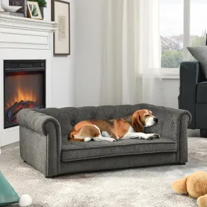 Chesterfield Dog Sofa Bed, 38.9x23.2x13.7 inches, Tufted Linen Couch with Rolled Arms, Grey, Supports 250 lbs (Dark Grey, Chesterfields)