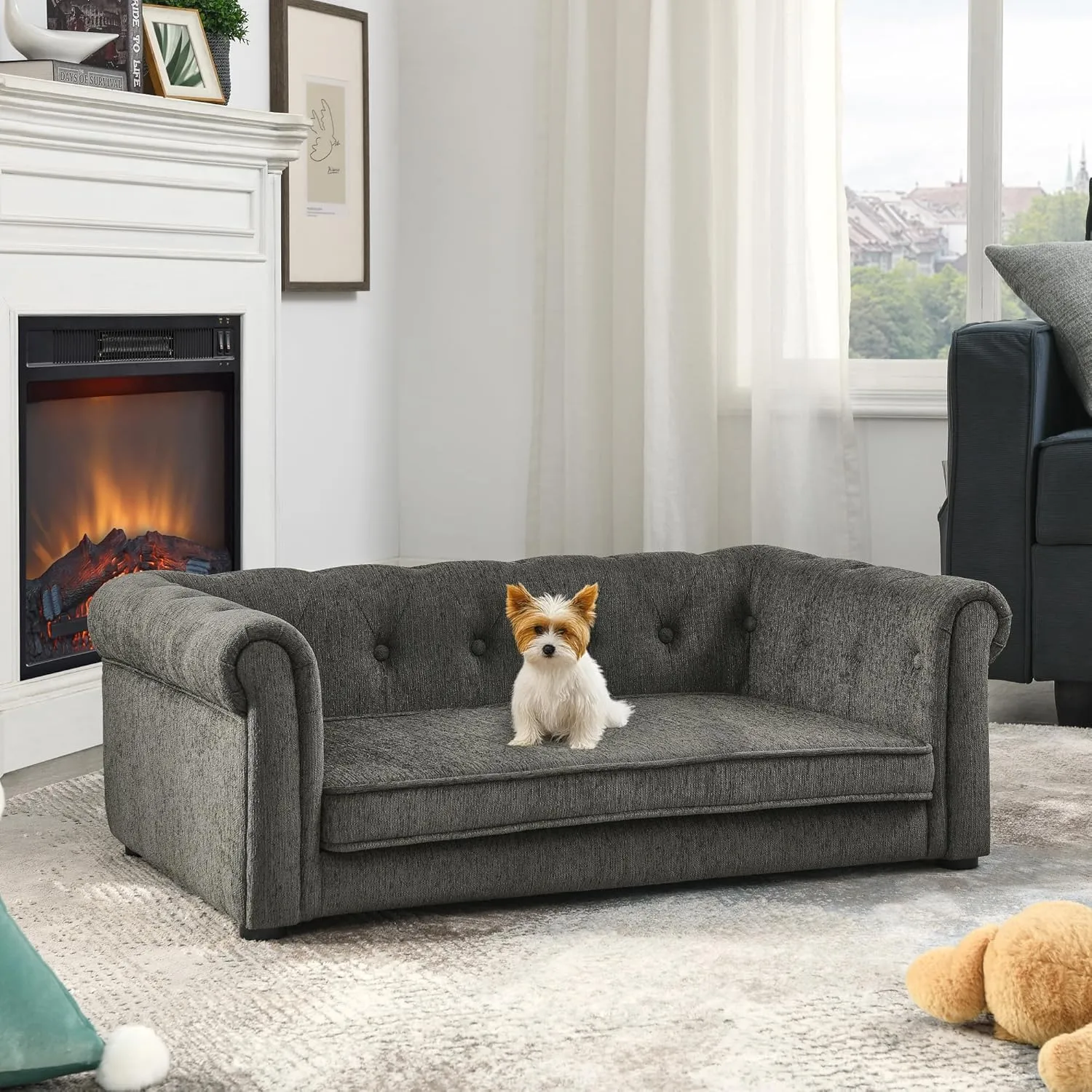 Chesterfield Dog Sofa Bed, 38.9x23.2x13.7 inches, Tufted Linen Couch with Rolled Arms, Grey, Supports 250 lbs (Dark Grey, Chesterfields)