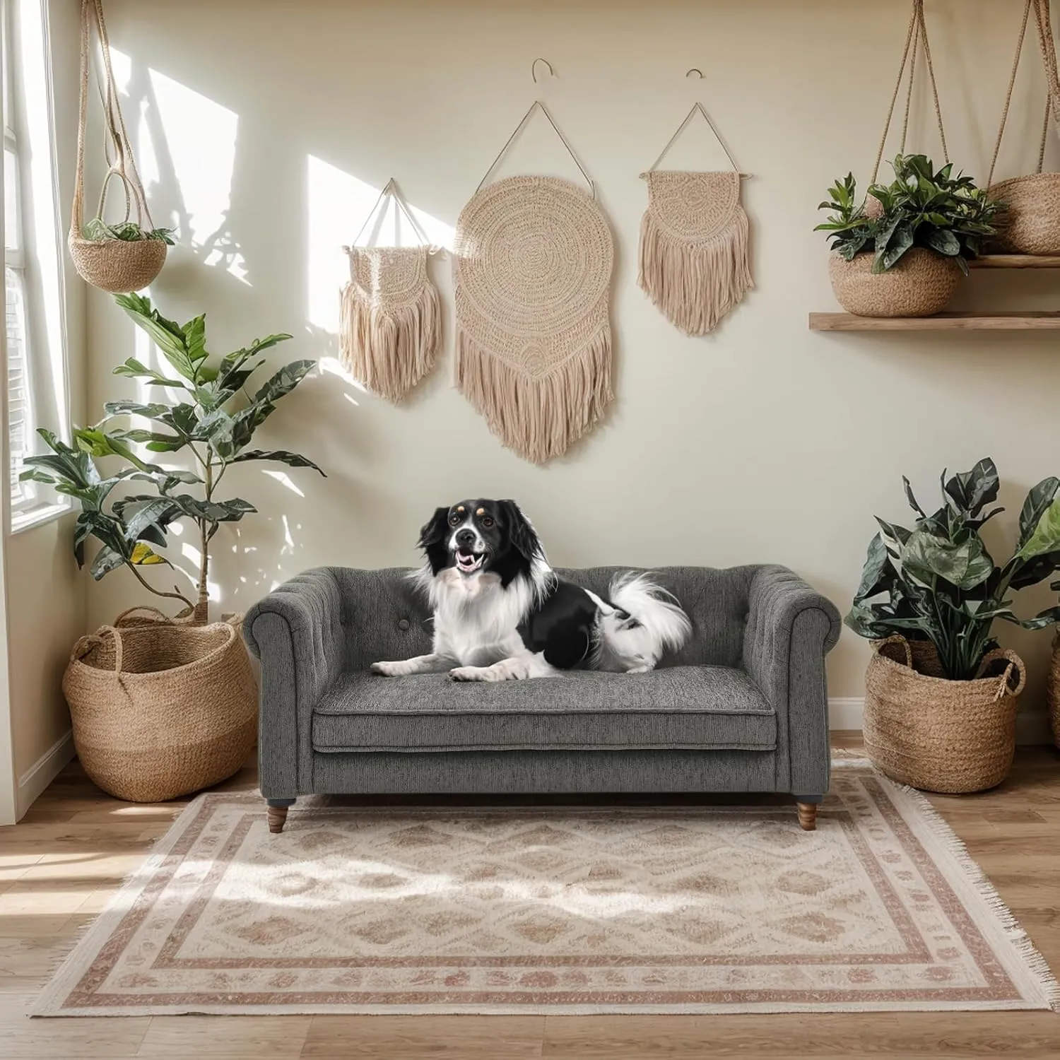 Chesterfield Dog Sofa Bed, 38.9x23.2x13.7 inches, Tufted Linen Couch with Rolled Arms, Grey, Supports 250 lbs (Dark Grey, Chesterfields)