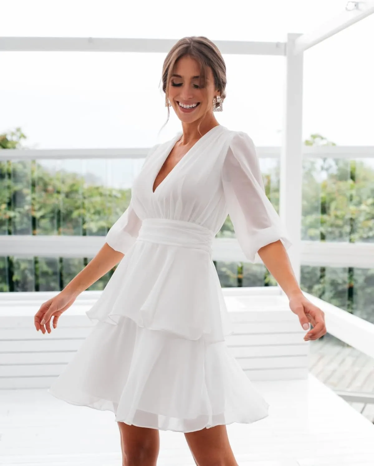 Chiffon Bridesmaid Dress V Neck Ruffle Long Sleeve Flowy Formal Mini Dress DR0099