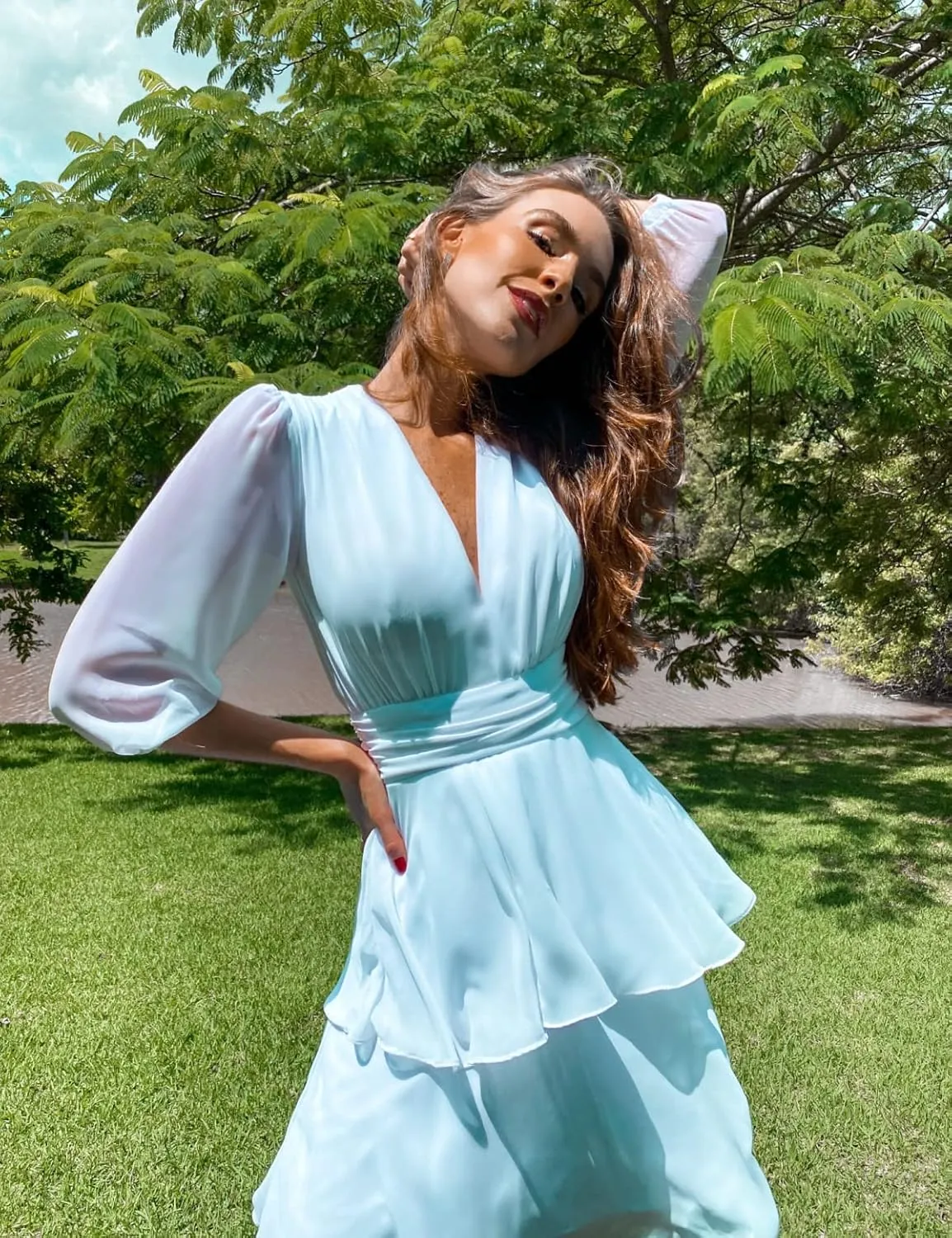 Chiffon Bridesmaid Dress V Neck Ruffle Long Sleeve Flowy Formal Mini Dress DR0099