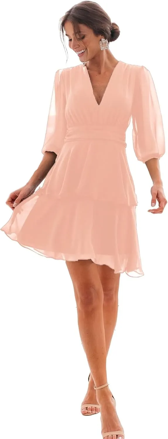 Chiffon Bridesmaid Dress V Neck Ruffle Long Sleeve Flowy Formal Mini Dress DR0099