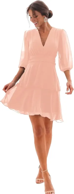 Chiffon Bridesmaid Dress V Neck Ruffle Long Sleeve Flowy Formal Mini Dress DR0099